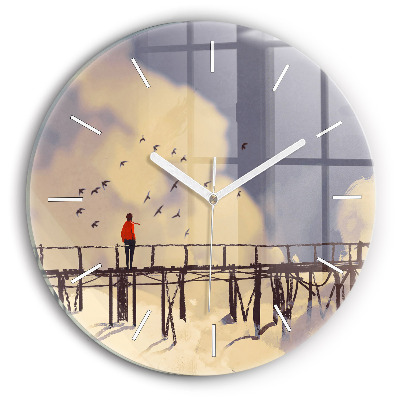 Round glass wall clock Man on the old bridge