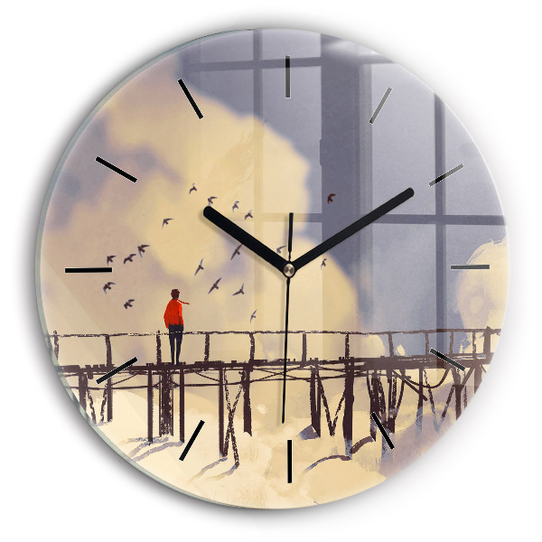 Round glass wall clock Man on the old bridge