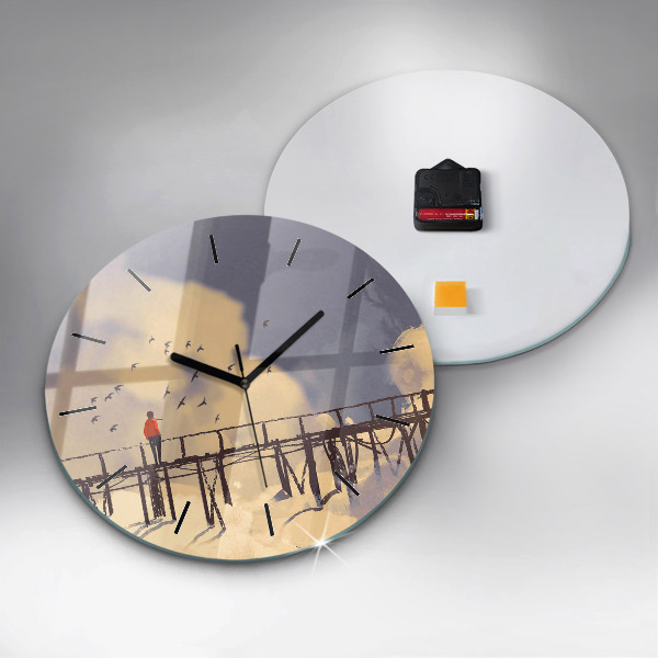 Round glass wall clock Man on the old bridge
