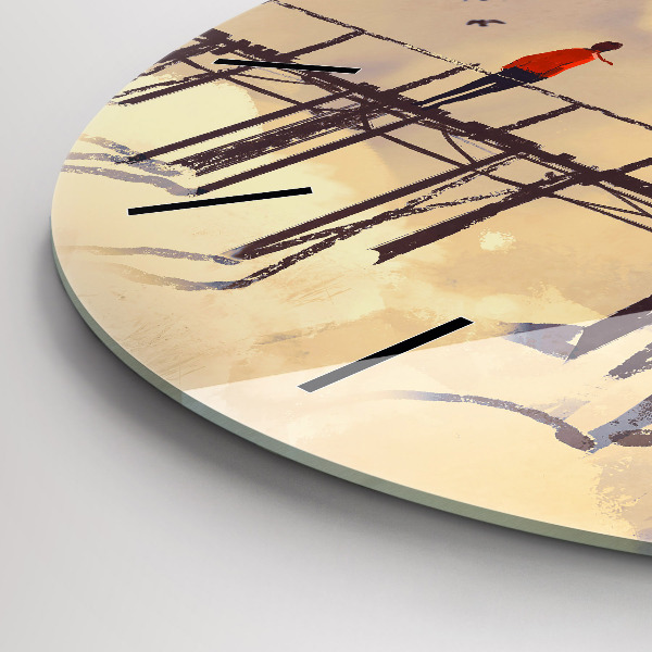 Round glass wall clock Man on the old bridge