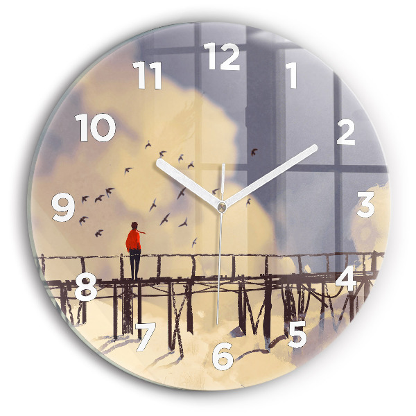 Round glass wall clock Man on the old bridge