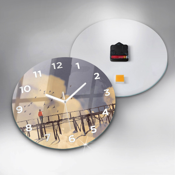 Round glass wall clock Man on the old bridge