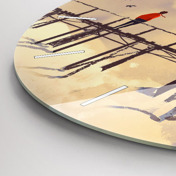 Round glass wall clock Man on the old bridge