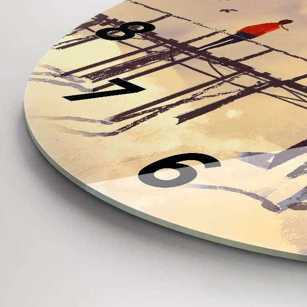 Round glass wall clock Man on the old bridge