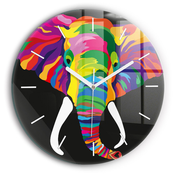 Round glass wall clock Colorful elephant