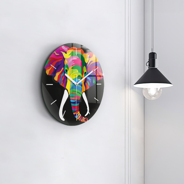 Round glass wall clock Colorful elephant