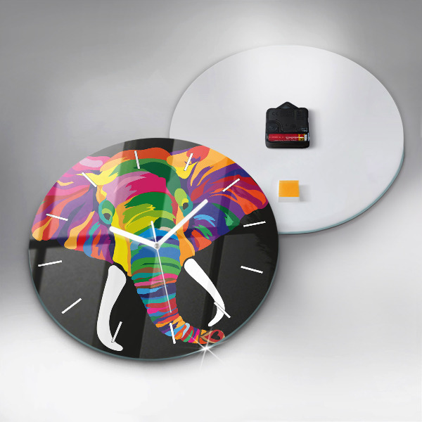 Round glass wall clock Colorful elephant