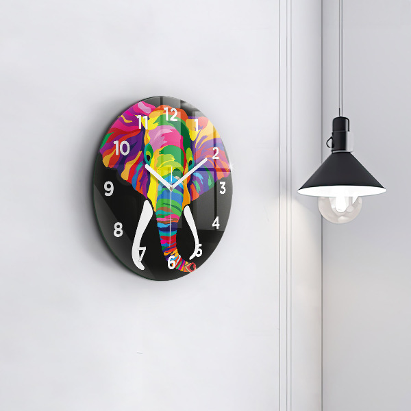 Round glass wall clock Colorful elephant