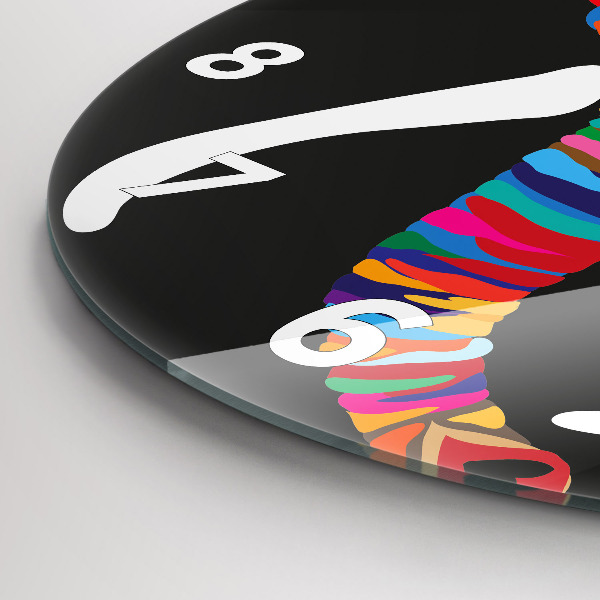 Round glass wall clock Colorful elephant