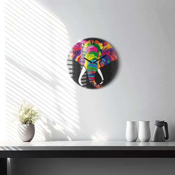 Round glass wall clock Colorful elephant