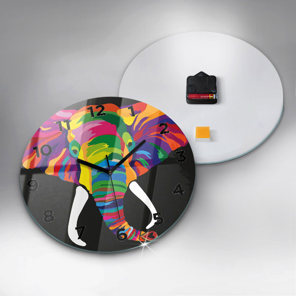 Round glass wall clock Colorful elephant