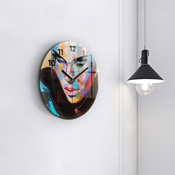 Round glass wall clock Portrait of a woman