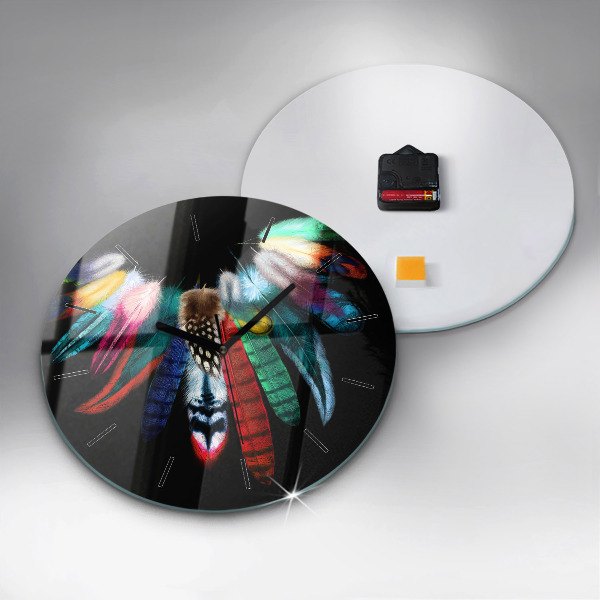 Round glass wall clock Colorful bird feathers