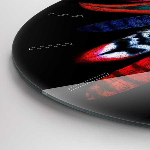 Round glass wall clock Colorful bird feathers