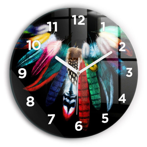 Round glass wall clock Colorful bird feathers