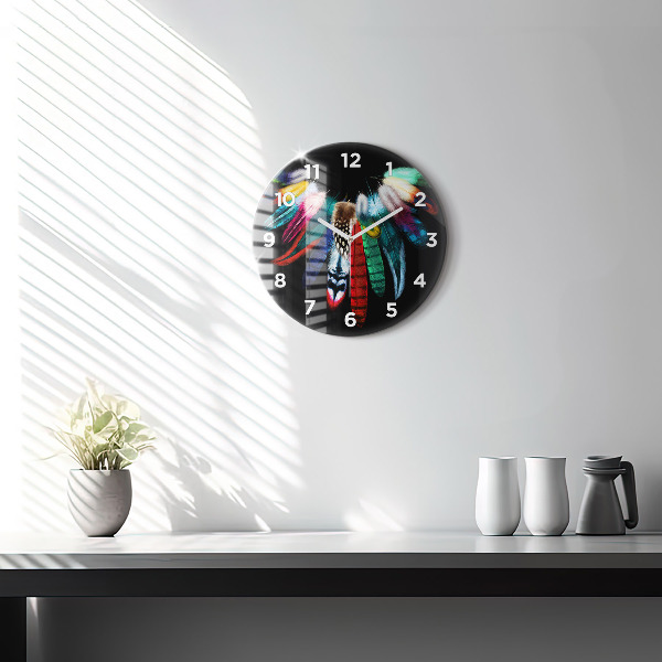 Round glass wall clock Colorful bird feathers