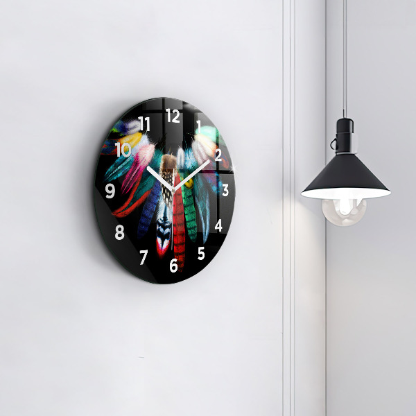 Round glass wall clock Colorful bird feathers
