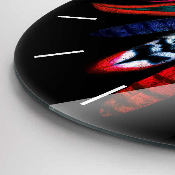 Round glass wall clock Colorful bird feathers