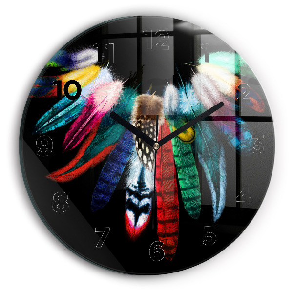 Round glass wall clock Colorful bird feathers