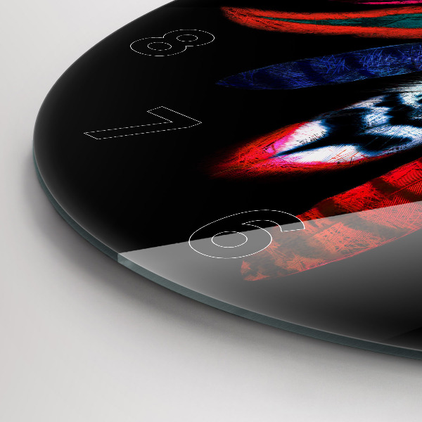 Round glass wall clock Colorful bird feathers