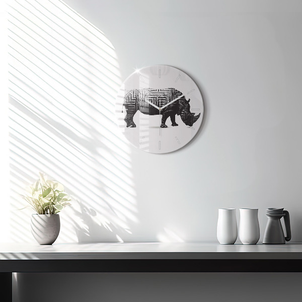 Round glass wall clock Rhinoceros line art