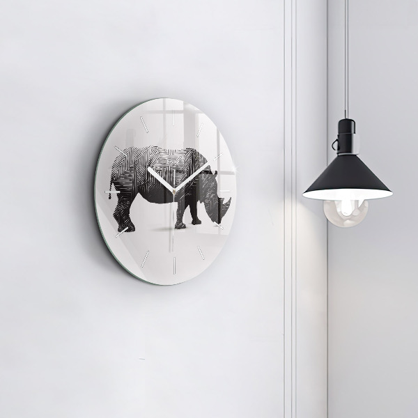 Round glass wall clock Rhinoceros line art