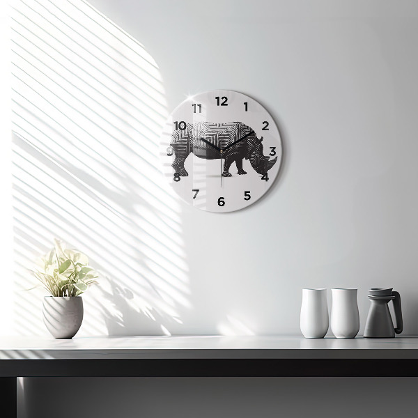 Round glass wall clock Rhinoceros line art