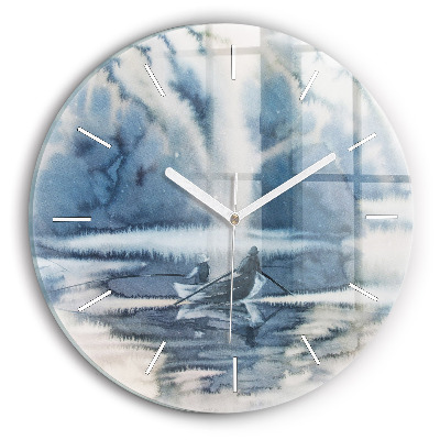 Round glass wall clock Fisherman on the lake