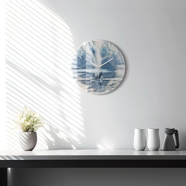Round glass wall clock Fisherman on the lake