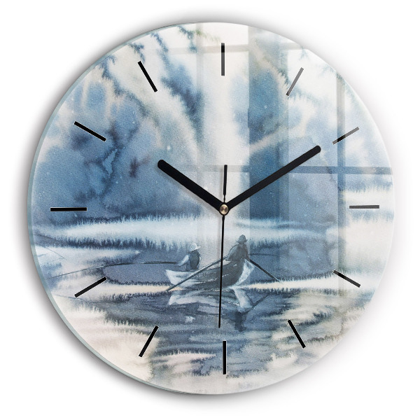 Round glass wall clock Fisherman on the lake