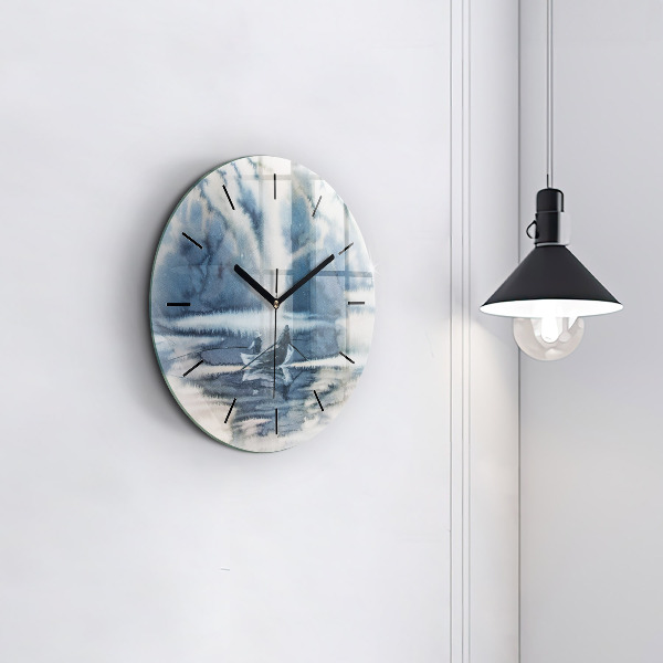 Round glass wall clock Fisherman on the lake