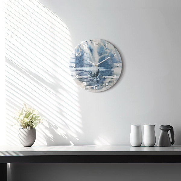 Round glass wall clock Fisherman on the lake