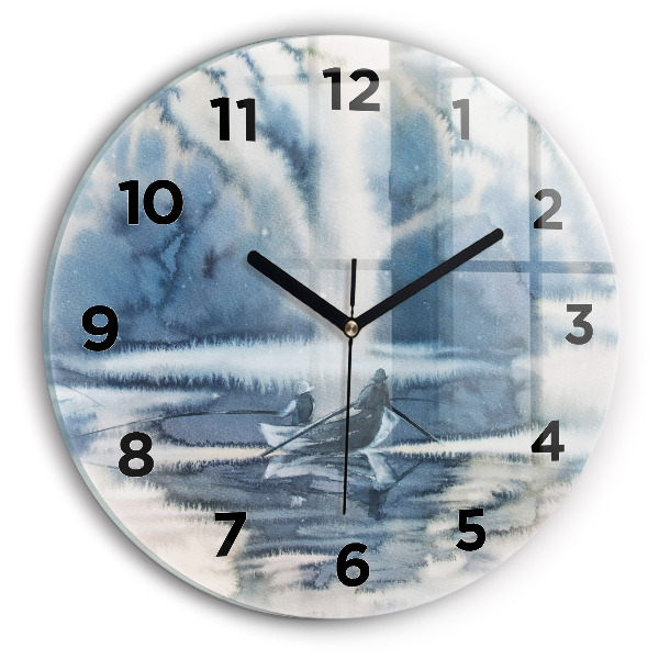 Round glass wall clock Fisherman on the lake