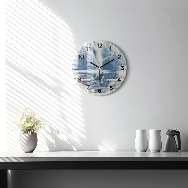 Round glass wall clock Fisherman on the lake