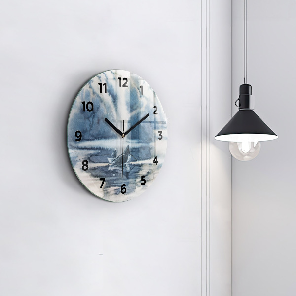 Round glass wall clock Fisherman on the lake