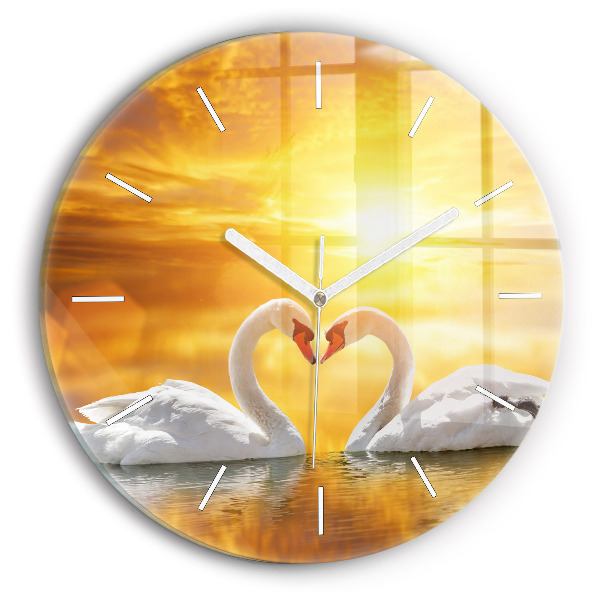 Round glass wall clock Swans in Love