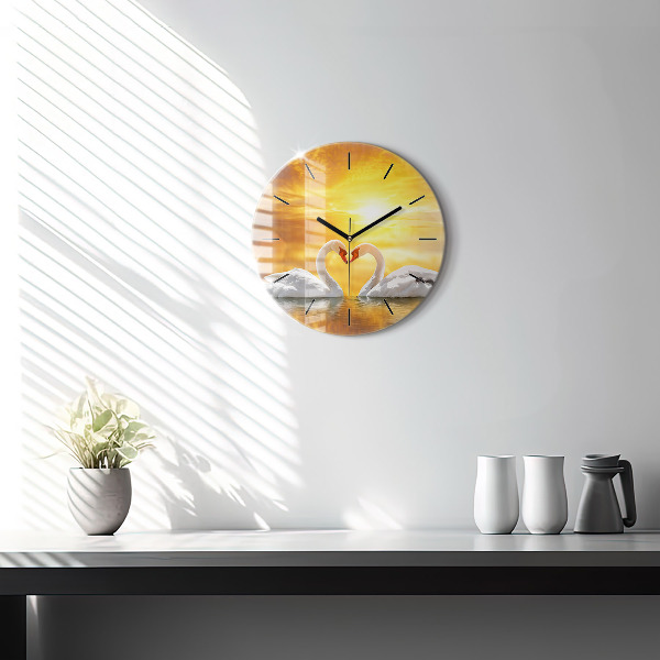 Round glass wall clock Swans in Love