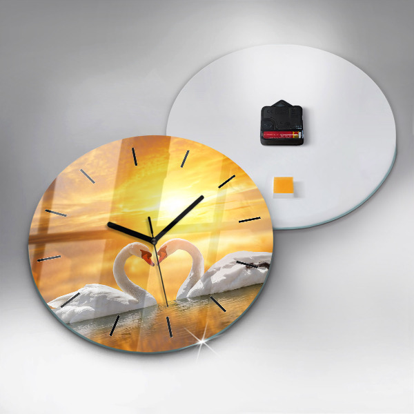 Round glass wall clock Swans in Love