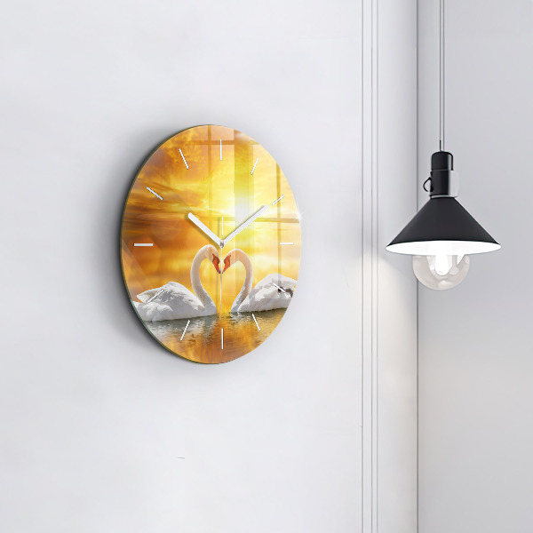 Round glass wall clock Swans in Love