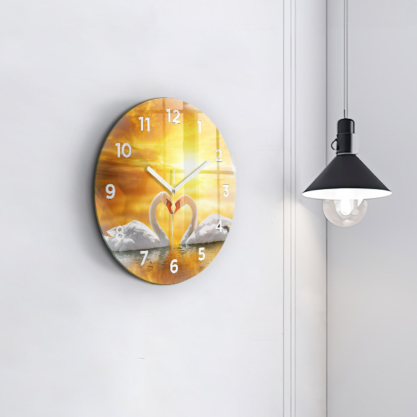 Round glass wall clock Swans in Love