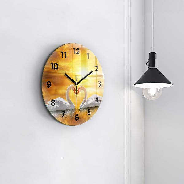 Round glass wall clock Swans in Love