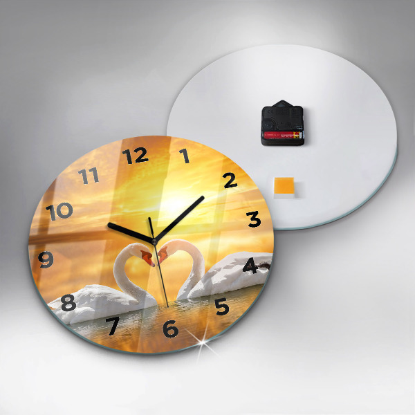 Round glass wall clock Swans in Love