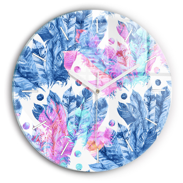 Round glass wall clock Colorful feathers