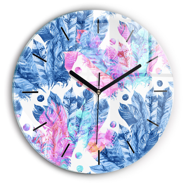 Round glass wall clock Colorful feathers