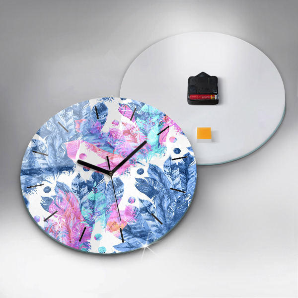 Round glass wall clock Colorful feathers