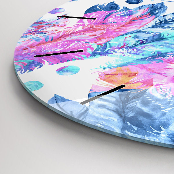Round glass wall clock Colorful feathers