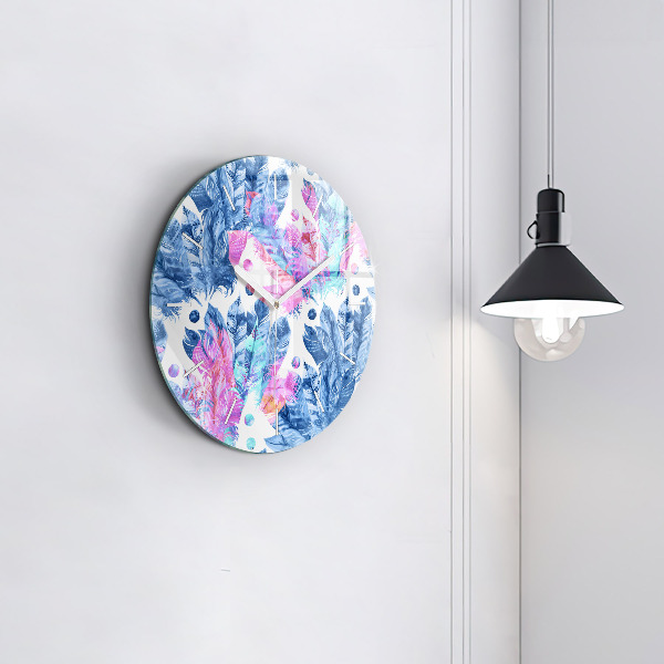 Round glass wall clock Colorful feathers