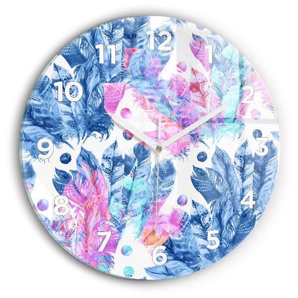 Round glass wall clock Colorful feathers