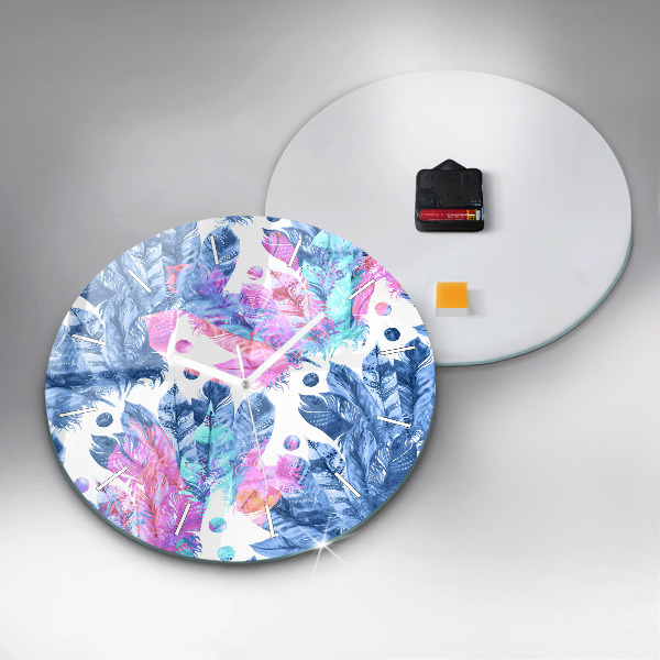 Round glass wall clock Colorful feathers