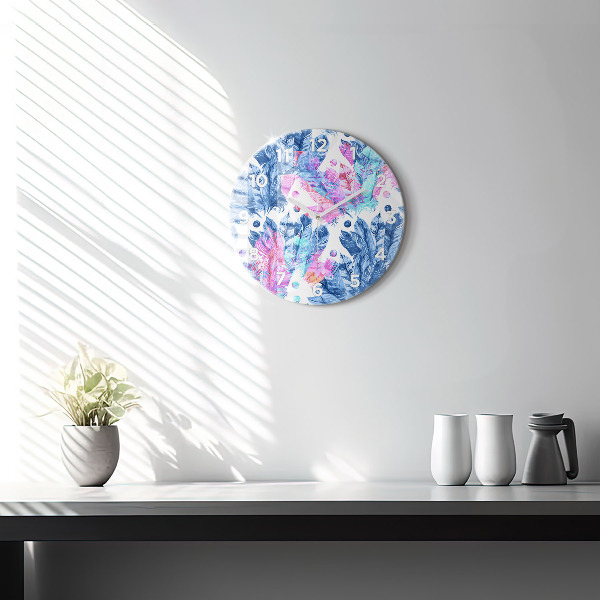 Round glass wall clock Colorful feathers